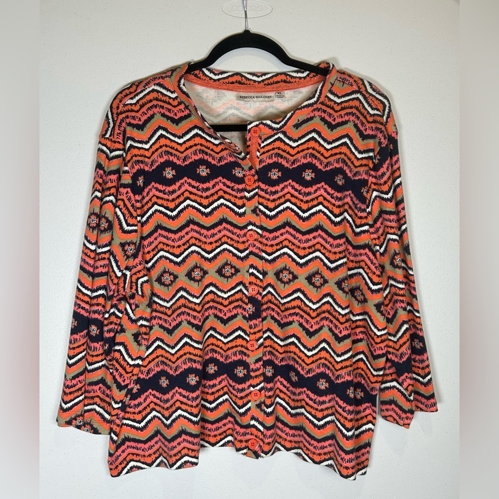 Coastal Cowgirl Rebecca Malone Orange/Navy Southwest Cardigan. Size XL. Artsy.